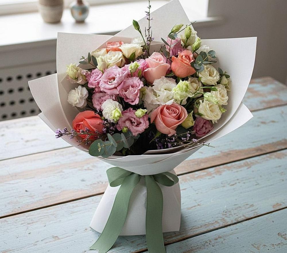 Букет цветов из: Розы, Лизиантусы и Гвоздики в Большое Болдино